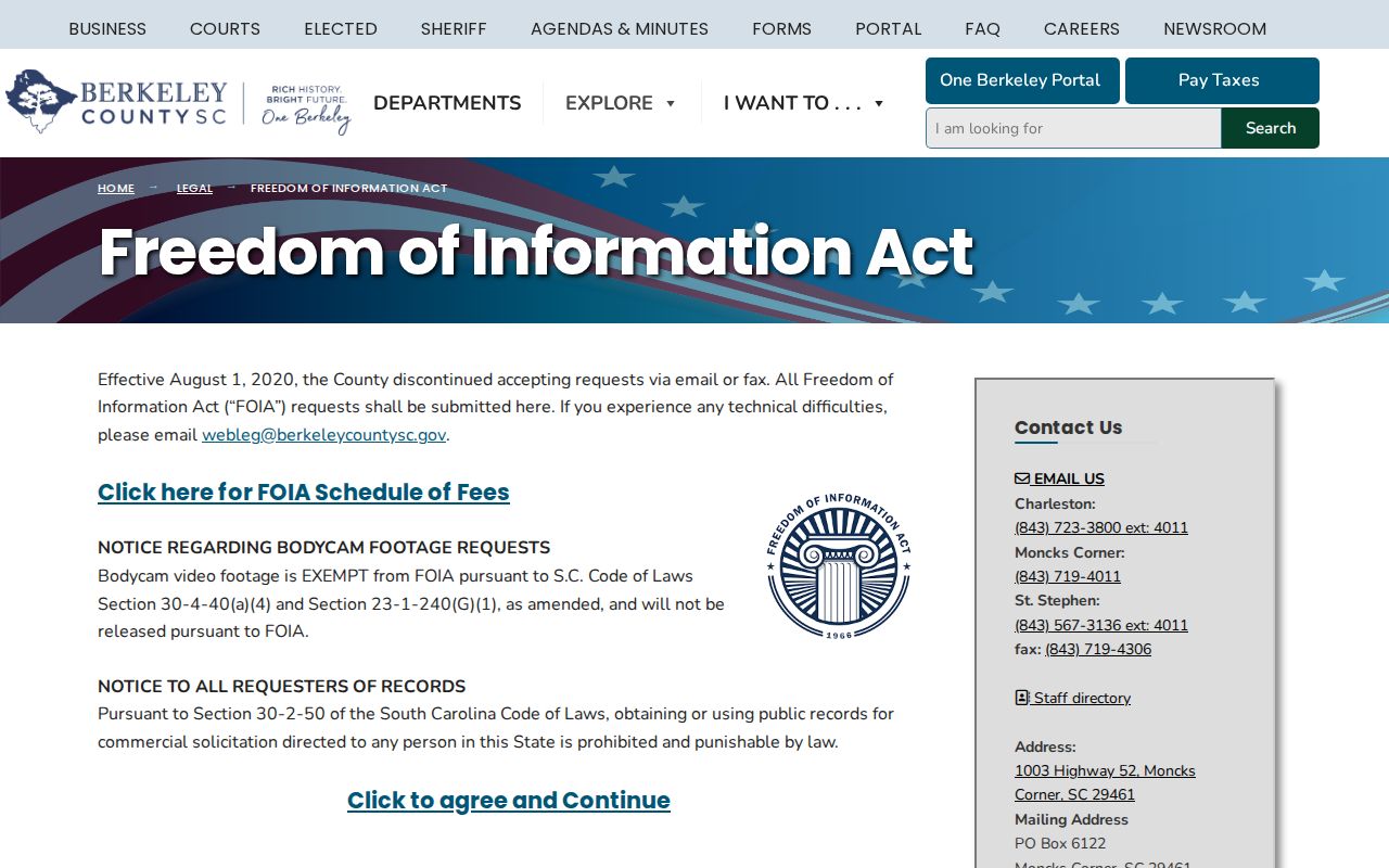Berkeley County booking-record FOIA request page