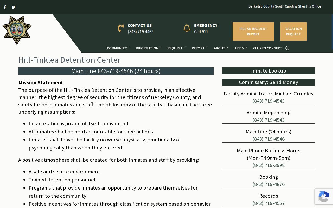 Hill-Finklea Detention Center Berkeley County booking-record contact page