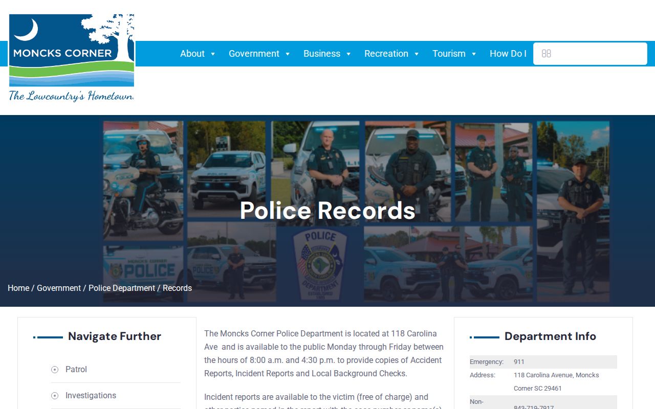 Moncks Corner Police Department arrest-record request information